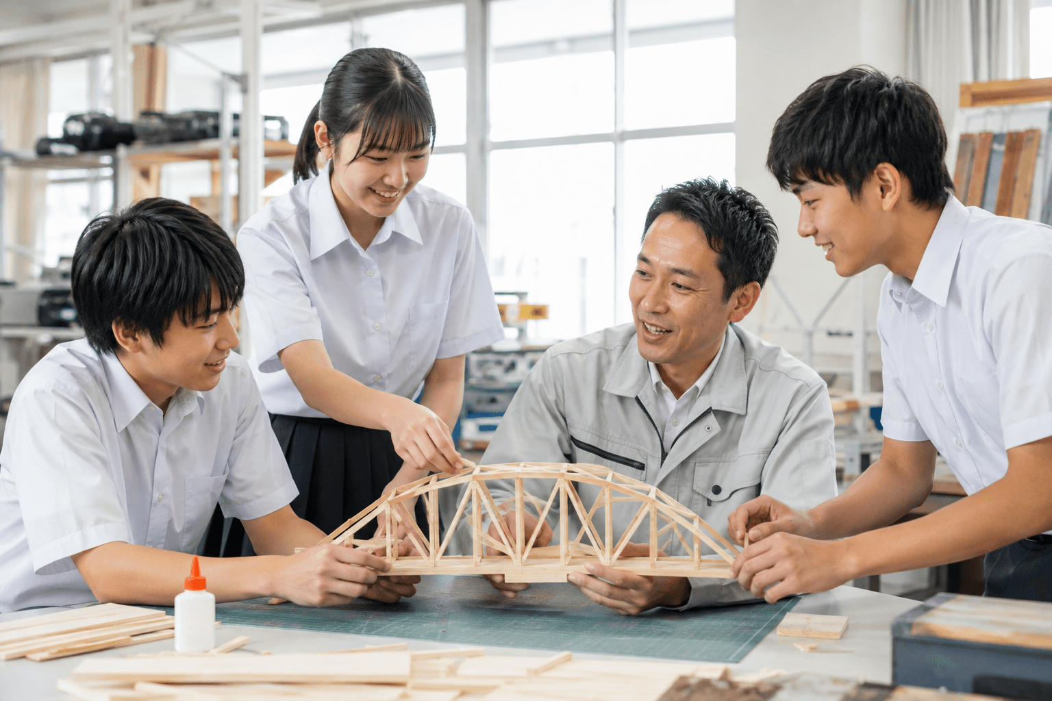 地域の人と模型づくりに取り組む高校生たちのイメージ